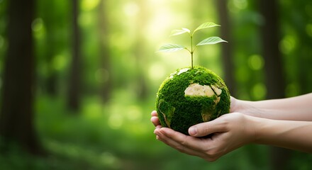 Protecting Our Planet Hands Holding a Mossy Globe with a Sprout, Symbolizing Environmental Conservation and Sustainability