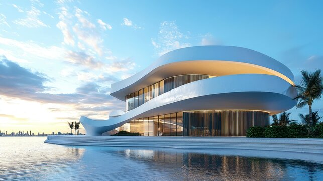 A modern, futuristic, white, curved, glass-fronted building with a pool and palm trees in the foreground, overlooking a city skyline at sunset.