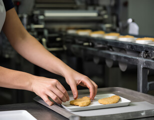 The worker in the factory places the chicken schnitzel