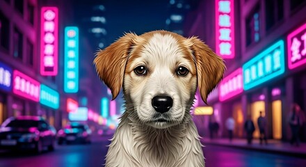 Wet Puppy in Neon City Night: Reflective Urban Pet Portrait