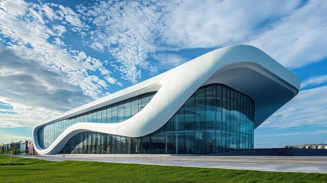 A modern, futuristic building with a curved, glass facade and a blue sky with white clouds in the background.