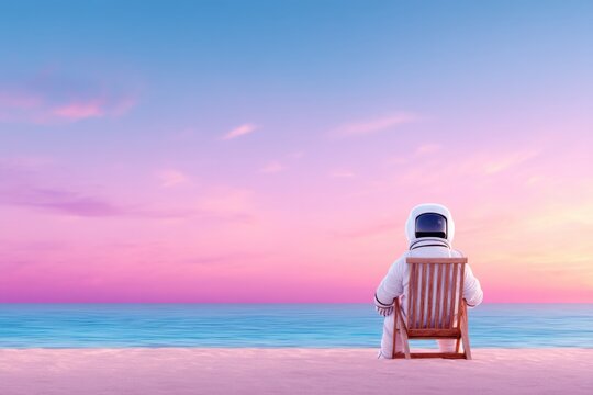 An astronaut in a space suit relaxes on a wooden chair facing a calm ocean during a vibrant pink and purple sunset.