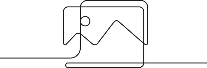 Gallery camera icon in continuous line drawing style. Minimalist photo camera in black linear sketch isolated on white background. Vector illustration