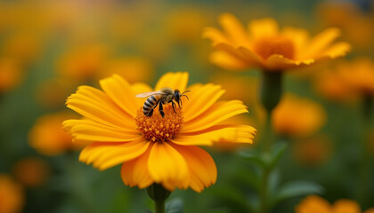 Close-up of a honeybee pollinating a bright orange flower.