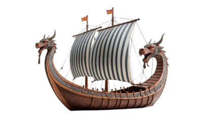 A Viking ship with dragon head front and striped sails, white background