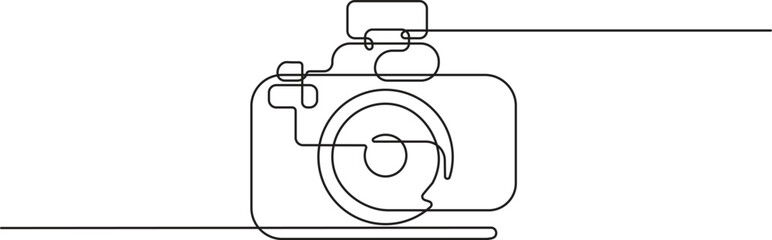 Camera icon in continuous line drawing style. Minimalist photo camera in black linear sketch isolated on white background. Vector illustration
