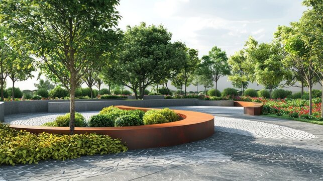 A modern, minimalist garden with a curved metal bench and lush greenery, set against a backdrop of a clear blue sky.