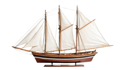 Naklejka premium A wooden sailboat with open sails, isolated on a white background