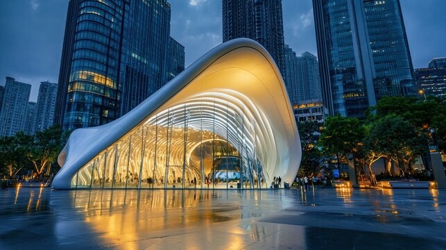 A modern, futuristic building with a curved glass facade and a large, open atrium, illuminated by warm, ambient lighting, surrounded by high-rise buildings and trees in the background. - Powered by Adobe