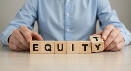 Person Arranging Wooden Blocks Spelling “Equity” – Real Estate, Business, and Investment Concept. 