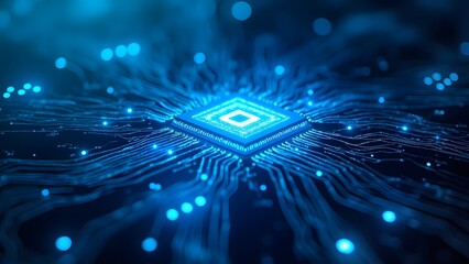 Glowing blue microchip and circuitry concept technology meaning