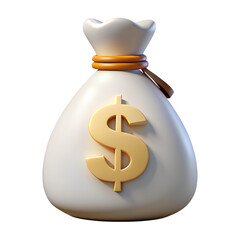  Glossy 3D Render of White Dollar Money Bag – Cartoon Plastic Finance Icon on Transparent Background