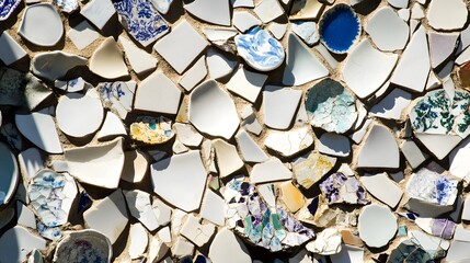 Artistic Mosaic on Wall Made from Broken Dishes Sun Hitting Textured Surface