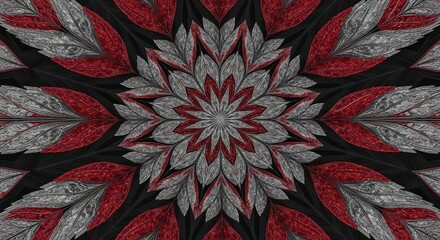 A symmetrical pattern featuring red and silver leaves arranged in a circular design on a black background