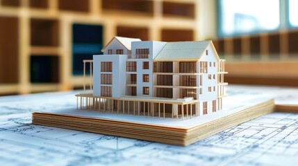 A miniature model of a house with a wooden frame and white walls, placed on a blueprint with a wooden table in the foreground.