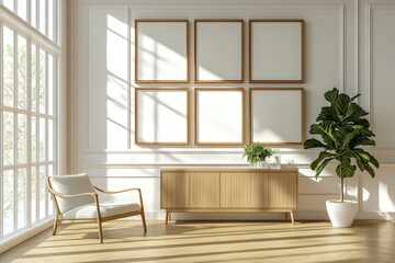 detailed color picture of Bright interior with nine square posters and sideboard high detail