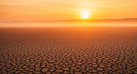 A cracked earth landscape with a bright sun and distant mountains under an orange tinted sky horizon
