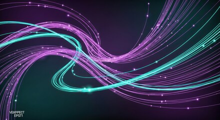 Abstract background with flowing lines in purple and teal with glowing points of light effect design