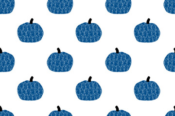 Halloween seamless  pattern, blue pumpkin with white circles on  white background. All Saints' Day. National international holiday. For backgrounds, wallpapers, textiles, packaging, or  website.
