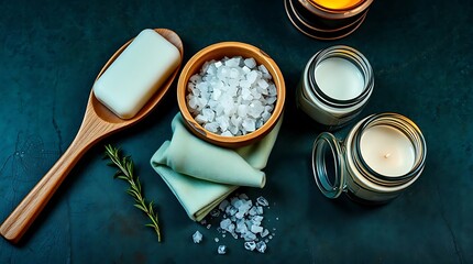 A wooden spoon holds a bar of white soap next to a bowl of coarse sea salt, two candles, and a sprig of rosemary on a dark teal background