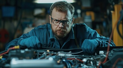 A man in a blue shirt and gloves is working on a car engine in a workshop with tools and cables.