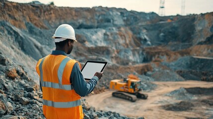 A man in a hard hat and safety vest standing in front of a large open pit mine with a yellow excavator in the background.