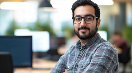 Obraz premium A young man with glasses and a beard, wearing a plaid shirt, sitting in a modern office with a computer in the background.