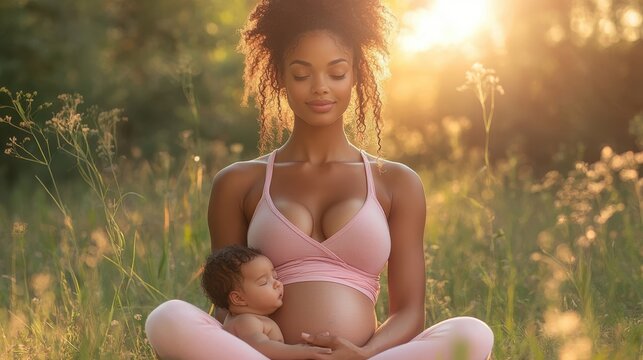 Pregnant Mother and Child in Summer Meadow