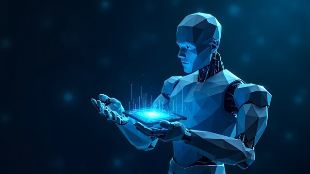 Low poly ai robot holding glowing futuristic circuit board