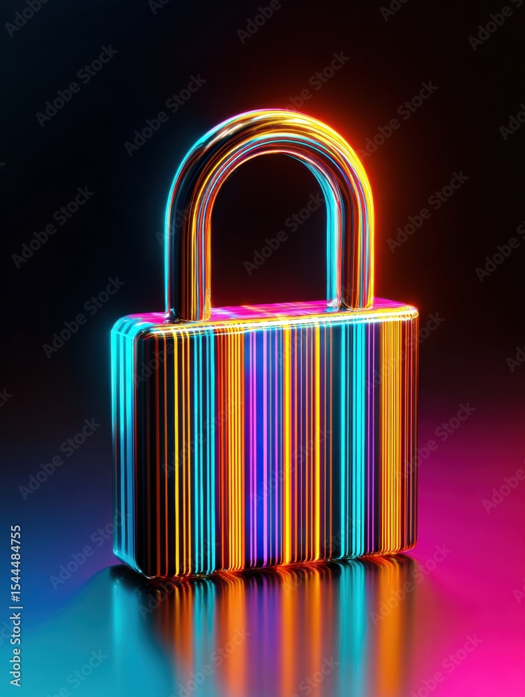 Poster dynamic abstract padlock illuminated by vibrant neon lines in a captivating display of color and lig