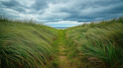 Obraz premium Green grasses form a tunnel path leading to a distant ocean beneath a cloudy sky