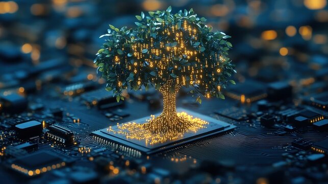 Green tree growing from a computer chip, with binary code on the leaves. Symbolizes tech's growth, environmental tech, and future tech progress.