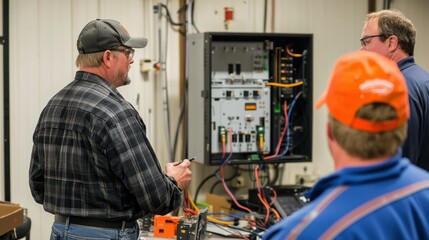 Fototapeta premium Two men in hard hats and blue shirts working on an electrical panel in a workshop