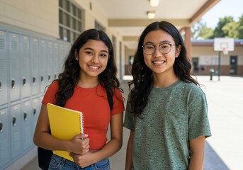 Two Smiling Teenage Girls at School with Notebooks and Backpacks