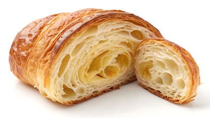 Flaky Croissant Cross Section with Butter Sheen on White Background