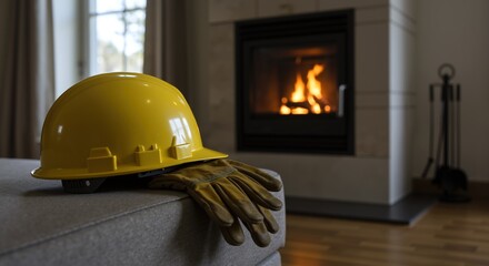 Yellow safety helmet and work gloves near fireplace. Construction equipment in cozy home interior. Worker safety and home renovation concept. Building tools, protective gear sale. Horizontal banner