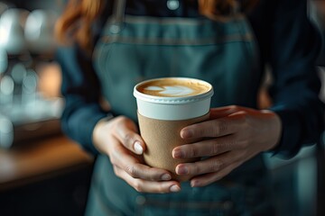 Cropped Shot Female Barista Hands Holding Cup of Coffee Giving You Drink Serving in Cafe Wearing