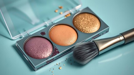 Closeup view of a luxurious eyeshadow palette with three vibrant shades and a soft makeup brush, set against a light blue background