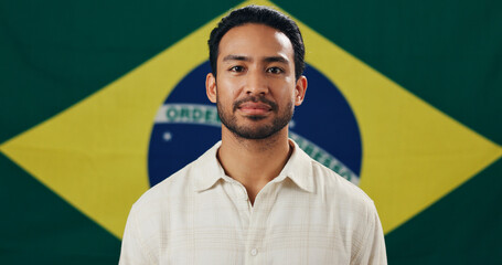 Brazil, flag and man with pride for country, holiday or symbol for citizenship, voter and portrait....