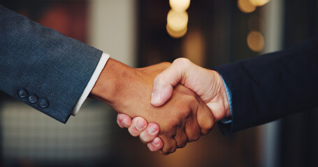 Business people, corporate deal or handshake in merger agreement for greeting, meeting or...