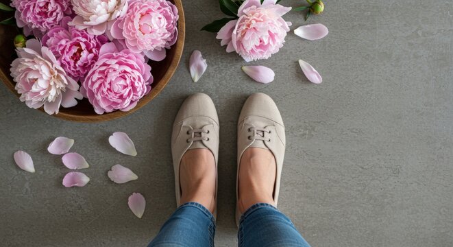 Female feet in beige oxford shoes with pink peonies in wooden bowl on concrete surface. Summer fashion and floral beauty concept. Women's footwear, summer shoes, flowers, pedicure services sale