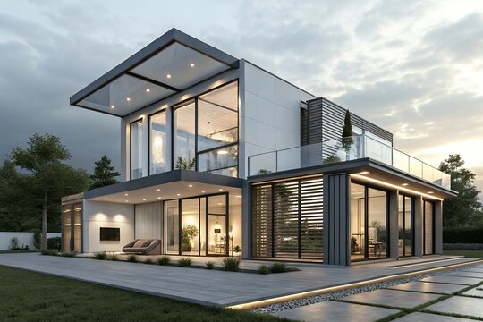 Modern luxury house exterior at dusk with large windows and outdoor patio - Powered by Adobe
