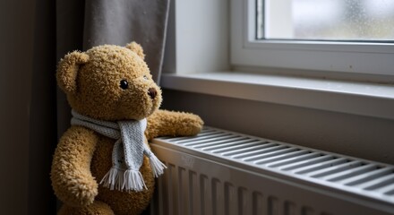 Brown teddy bear with gray knitted scarf sitting on white radiator by window. Cozy home comfort and winter heating concept. Children's toys, heating systems, HVAC services, winter accessories