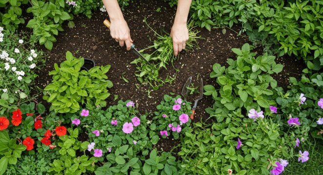 Hands pulling weeds from flower garden with colorful blooms and green foliage. Garden maintenance and weed control concept. Gardening tools, weed control products, landscaping services sale