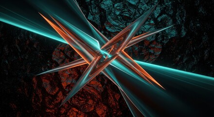 Abstract cross of teal and orange glowing shapes against a dark textured background in a futuristic style
