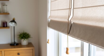 Beige roman blinds with wooden pulls by window in modern home interior. Natural window treatment and light control. Window blinds, home decor, interior design, window treatments sale