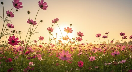 Pink cosmos flowers blooming in wildflower meadow with golden sunset light. Delicate blossoms creating romantic floral landscape. Flower seeds, gardening supplies, landscaping services, wedding