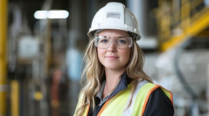 A female engineer wearing a white hard hat and safety glasses, standing in a factory setting with yellow safety barriers and machinery in the background.