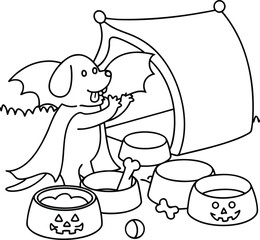 Whimsical Halloween Dog Scene A Playful Canine Companion Adorned in a Bat Costume Surrounded by Festive Bowls and a Tent Creating a Spooky Yet Adorable Atmosphere