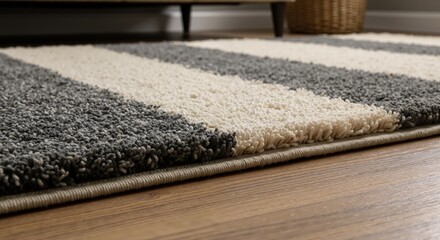 Gray and beige striped area rug on wooden floor in modern home interior. Contemporary floor covering with geometric pattern and neutral colors. Rugs, flooring, home decor, interior design sale